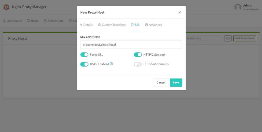 add new proxy host with the custom ssl cert and force ssl