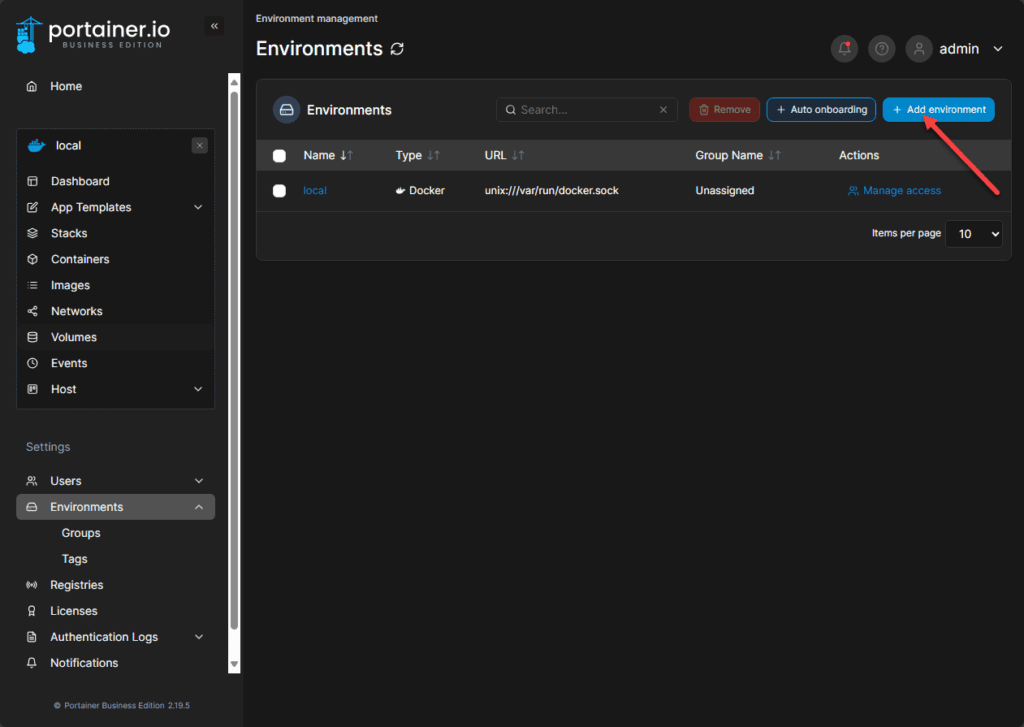 adding a new environment in portainer using the portainer agent