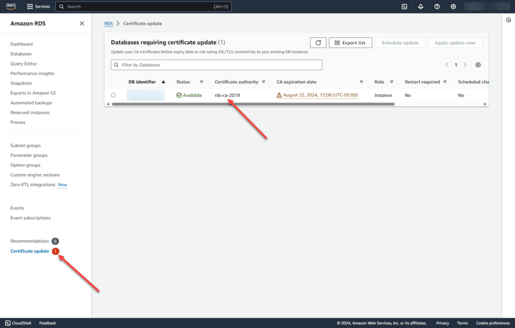 aws certificate update needed on rds database running rds-ca-2019 ssl cert