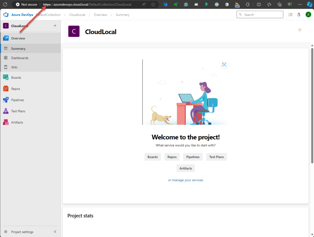 browsing to the azure devops server website using ssl port 443