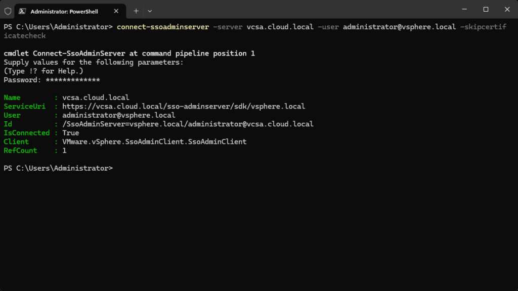 connecting to the ssoadminserver using the new powercli module