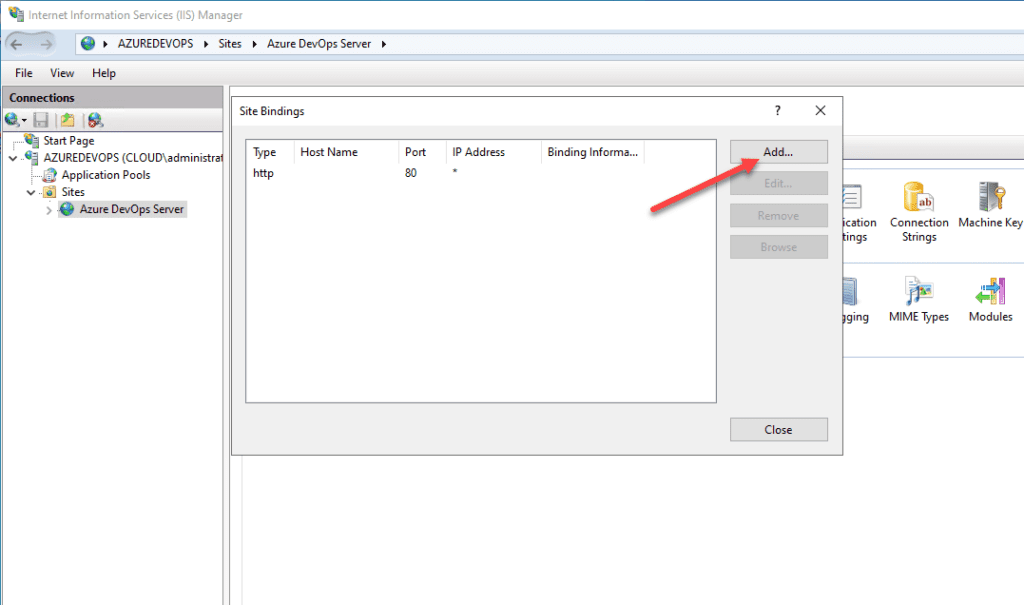edit the iis bindings on your azure devops server website