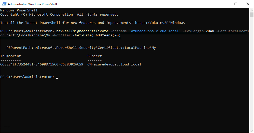 generating a new self-signed certificate for azure devops