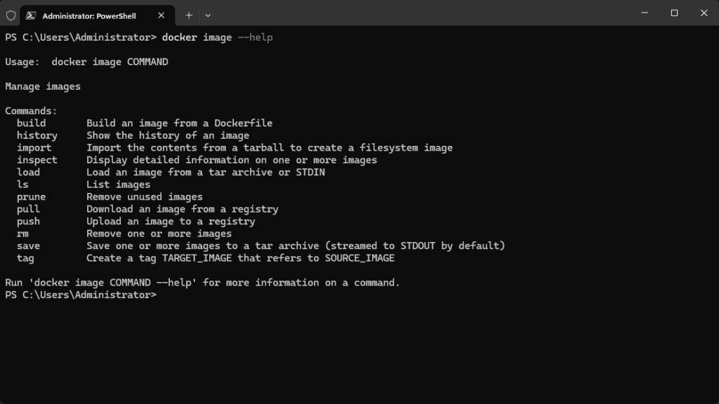 looking at docker image help command