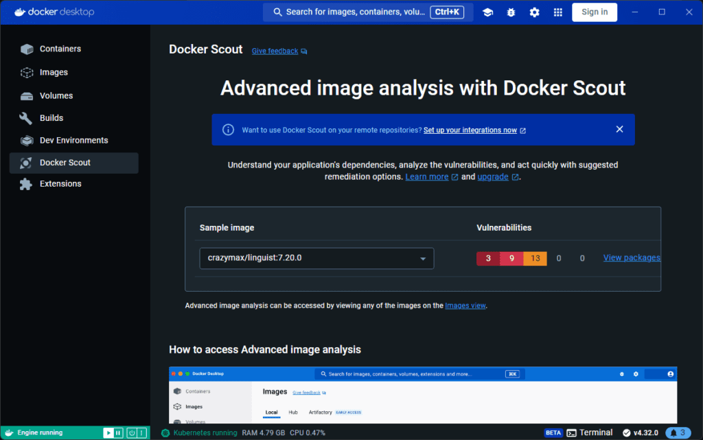 looking at docker scout in docker desktop