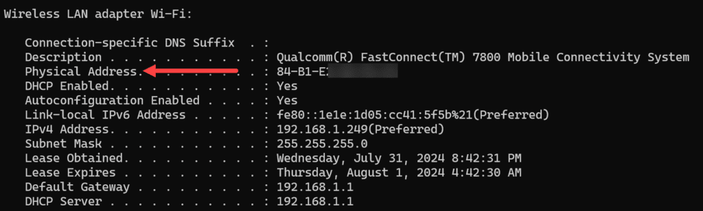 looking at the return of an ipconfig command showing mac and ip address