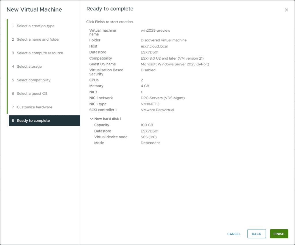 new vmware vsphere vm for windows server 2025