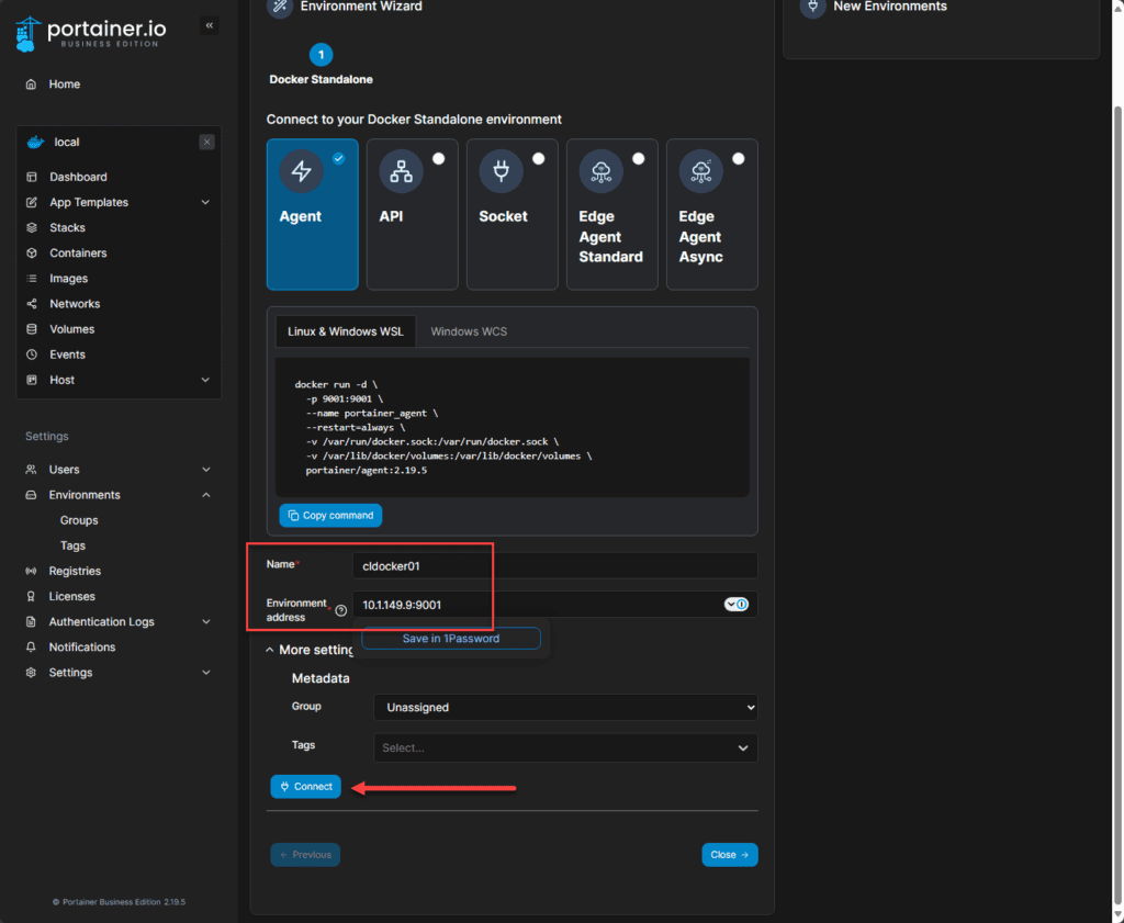 select how to connect to the remote docker standalone host