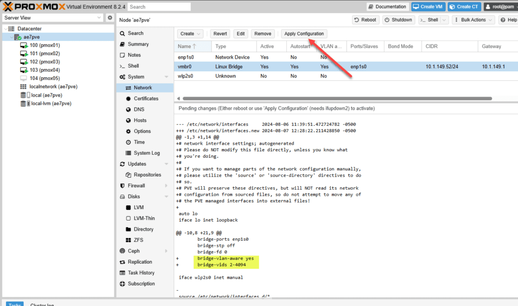 applying the vlan aware configuration