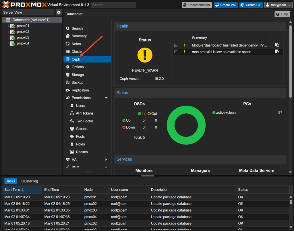 ceph configuration in proxmox