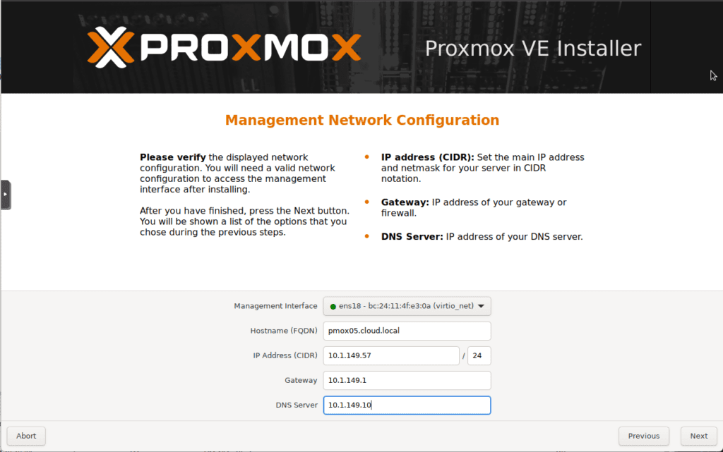 configuring ip during installation of proxmox