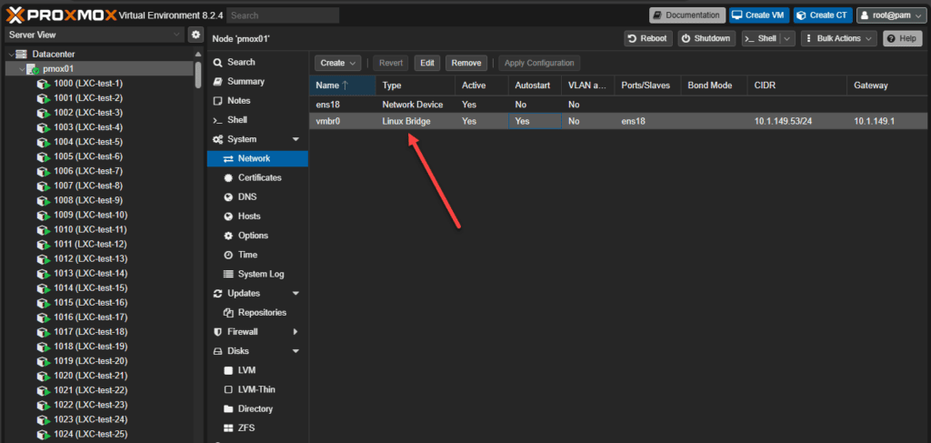 default linux bridge in proxmox