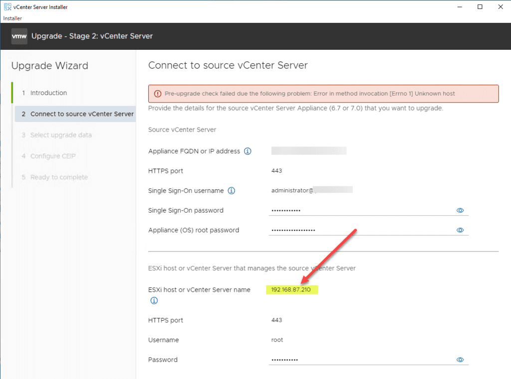 ip address used for the esxi host or vcenter server name that manages the appliance