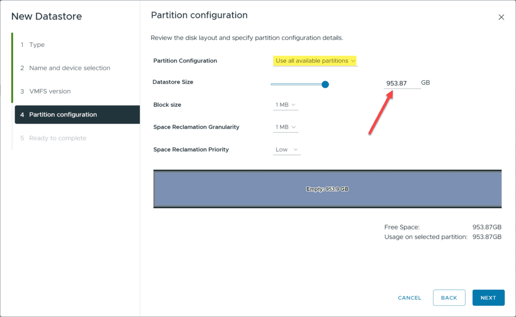 nvme disk shows the full size available after creating a partition