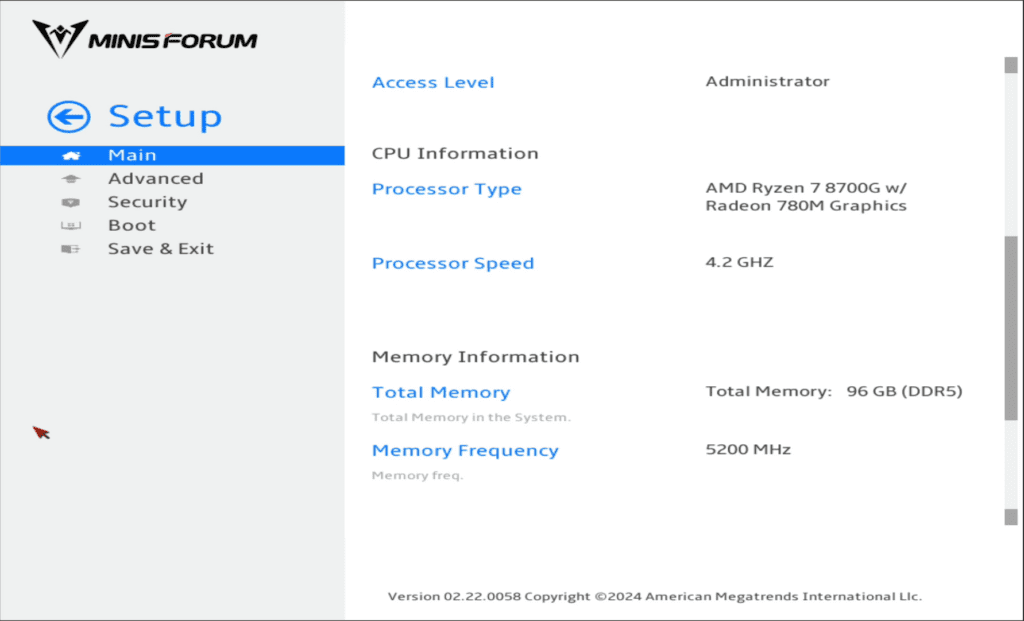 viewing the bios of the minisforum ms-a1