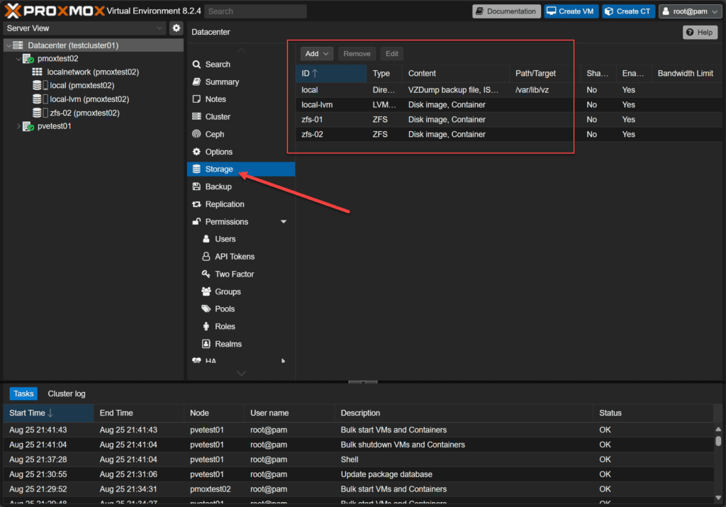 viewing the storage configuration under the proxmox datacenter view