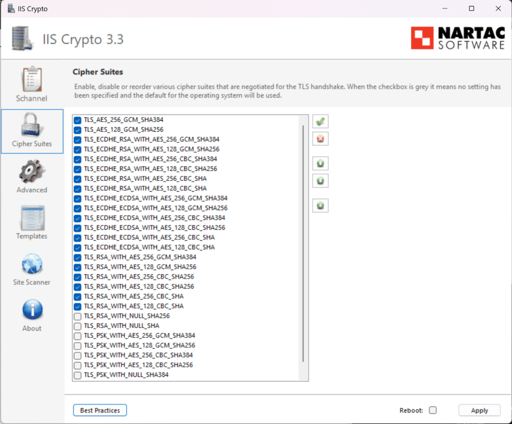 selecting cipher suites configured